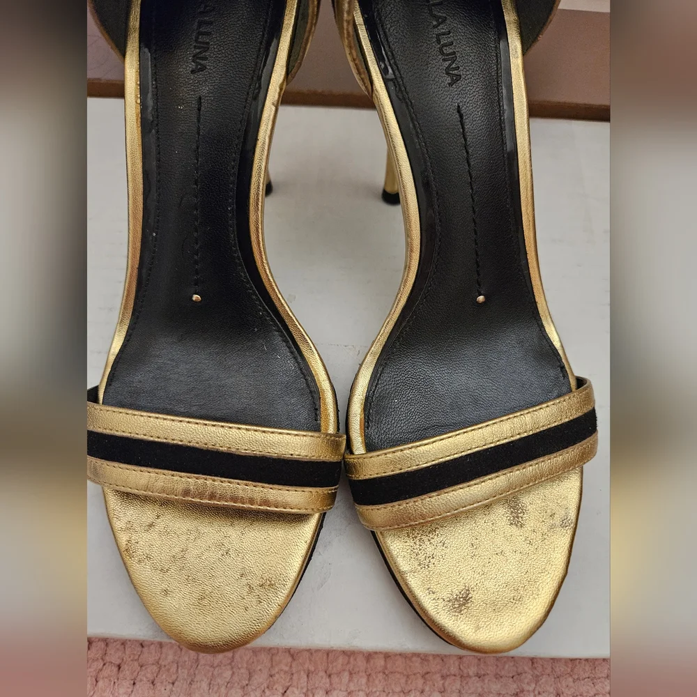 StellaLuna Gold Wings Leather Double Buckle Strap Heel Sandals - Picture 12 of 16